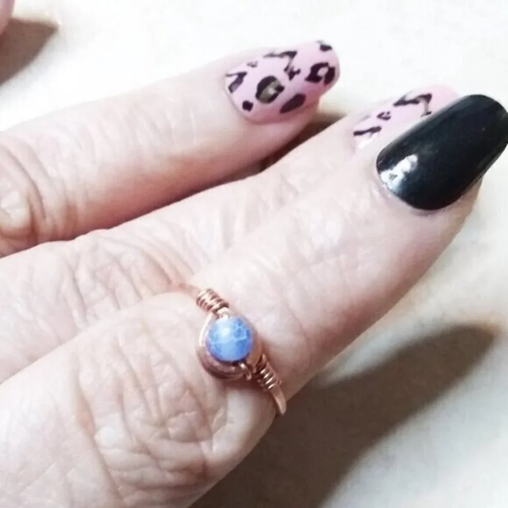 Slim! Dainty! Blue Agate Gemstone Ring + Durable Copper! Sz 5.5 - Custom Size OK